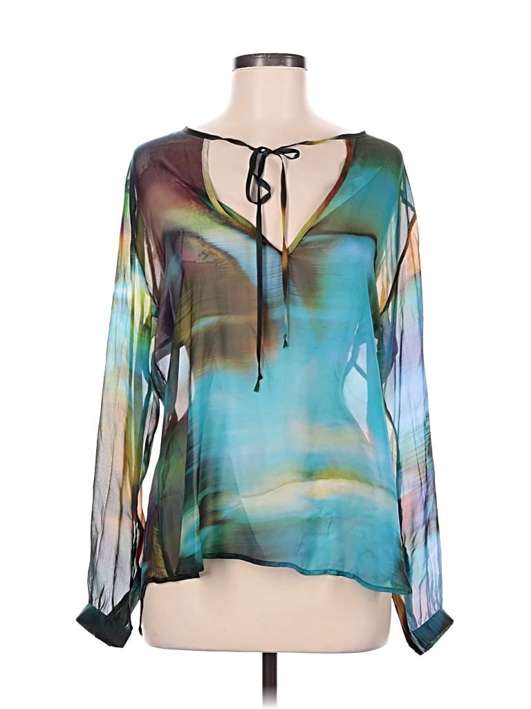 Pre-owned Karina Grimaldi 3/4 Sleeve Silk Top Teal Keyhole Neckline Tops