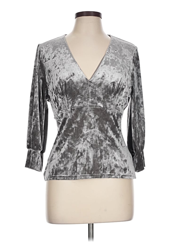 Pre-owned Bebe 3/4 Sleeve Top Silver Metallic Pattern Plunge Neckline Tops