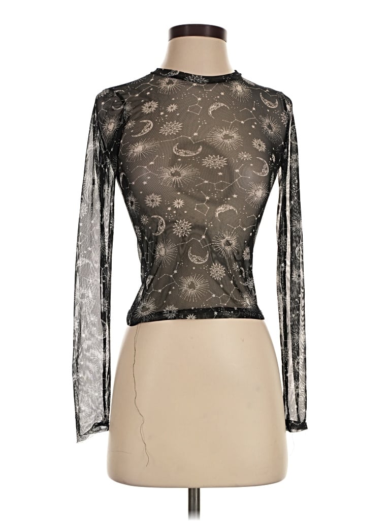 Pre-owned Just Polly Long Sleeve Top Black Mock Neckline Tops