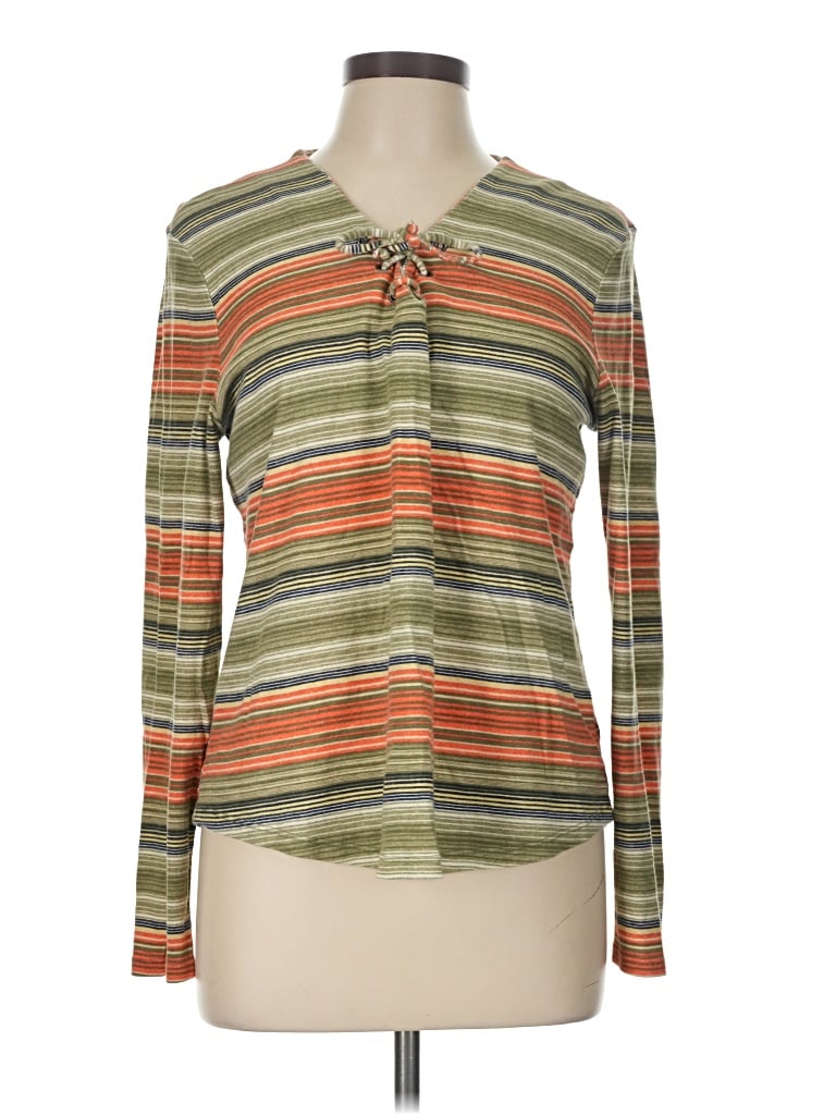 Pre-owned Ruff Hewn Long Sleeve Top Green Stripes Pattern Keyhole Neckline Tops