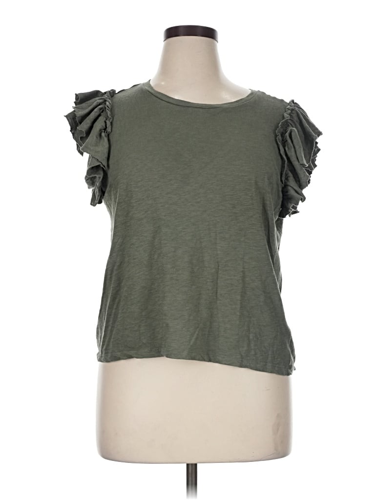 Pre-owned Industry Short Sleeve Top Green Ruffles Neckline Tops