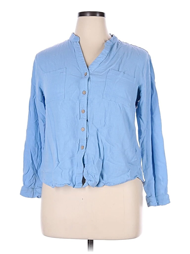 Pre-owned Zenana 3/4 Sleeve Button Down Shirt In Blue