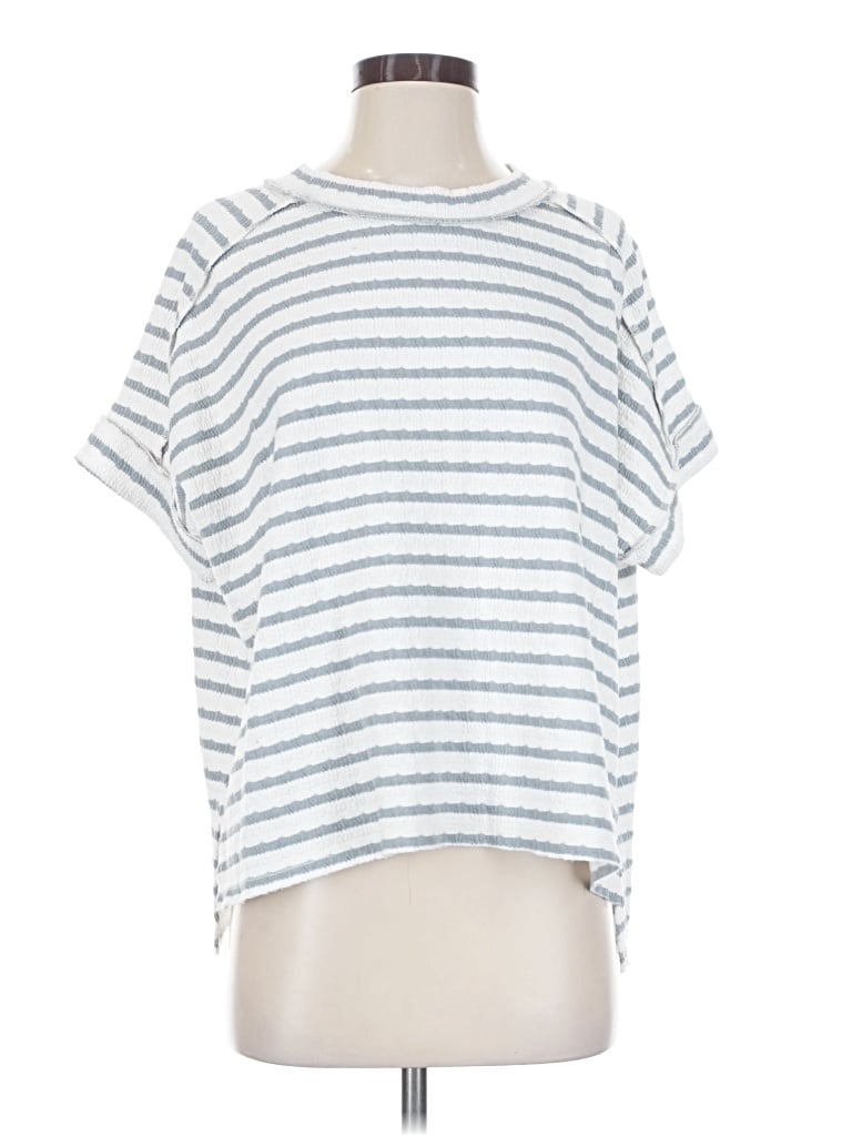 Pre-owned Zenana Short Sleeve Top White Stripes Pattern Boatneck Tops