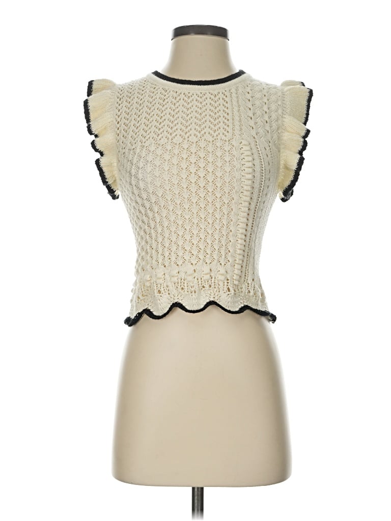 Pre-owned Hem & Thread Sleeveless Top Ivory Ruffles Neckline Tops