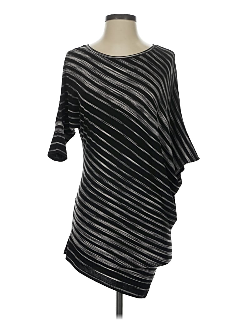 Pre-owned Bcbgmaxazria 3/4 Sleeve Top Black Stripes Pattern One Shoulder Neckline Tops