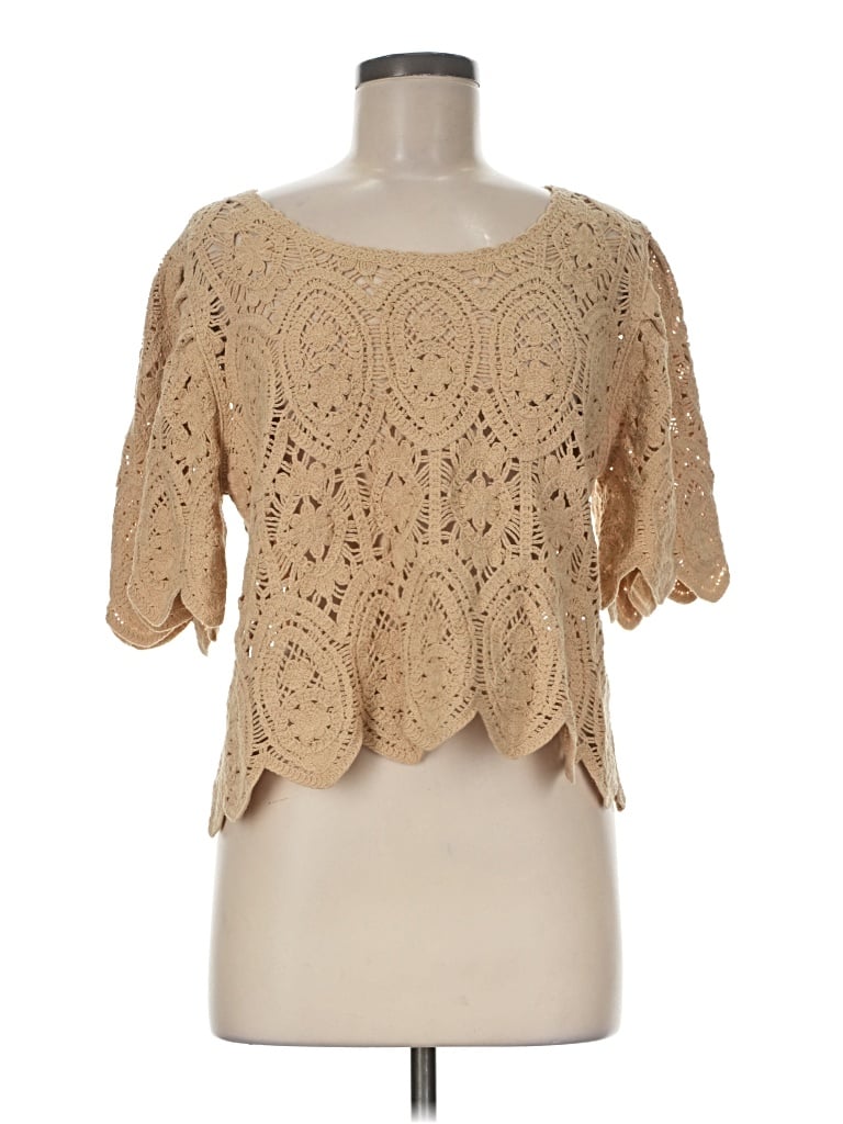 Pre-owned Solitaire Short Sleeve Top Tan Sweetheart Neckline Tops