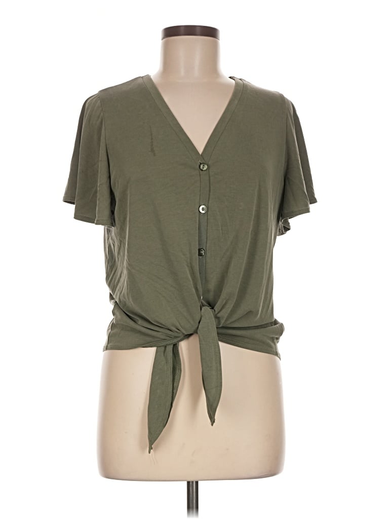 Pre-owned Green Envelope Short Sleeve Top Green Plunge Neckline Tops