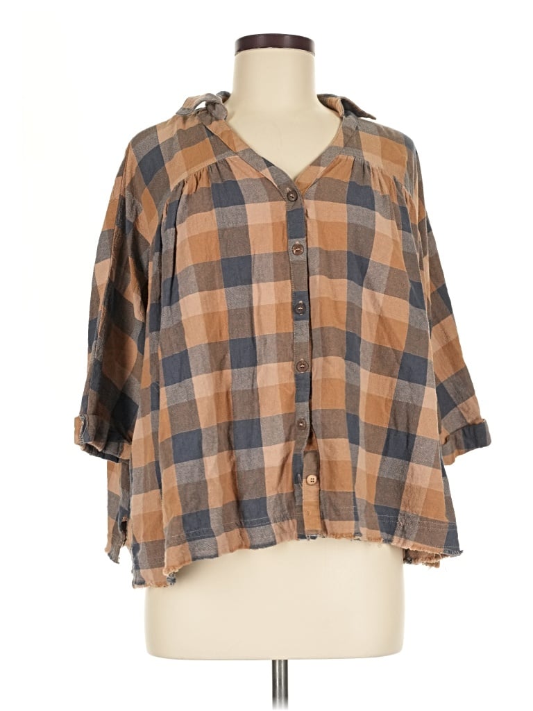 Pre-owned Easel 3/4 Sleeve Button Down Shirt In Brown