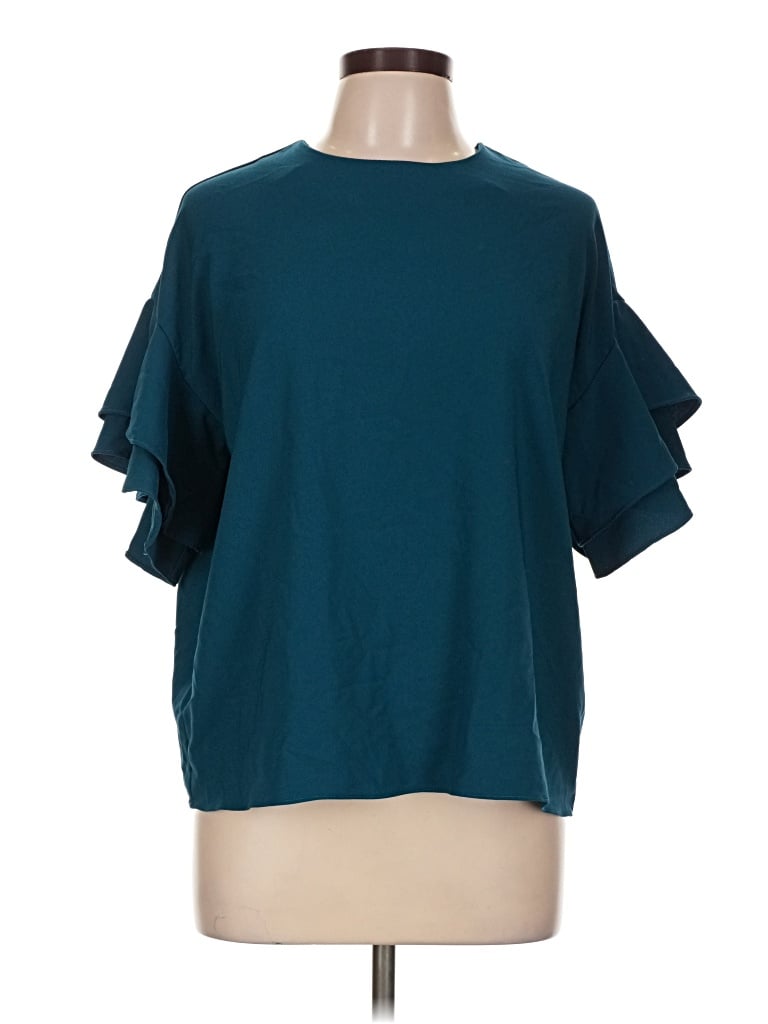 Pre-owned Nsr Short Sleeve Top Teal Ruffles Neckline Tops