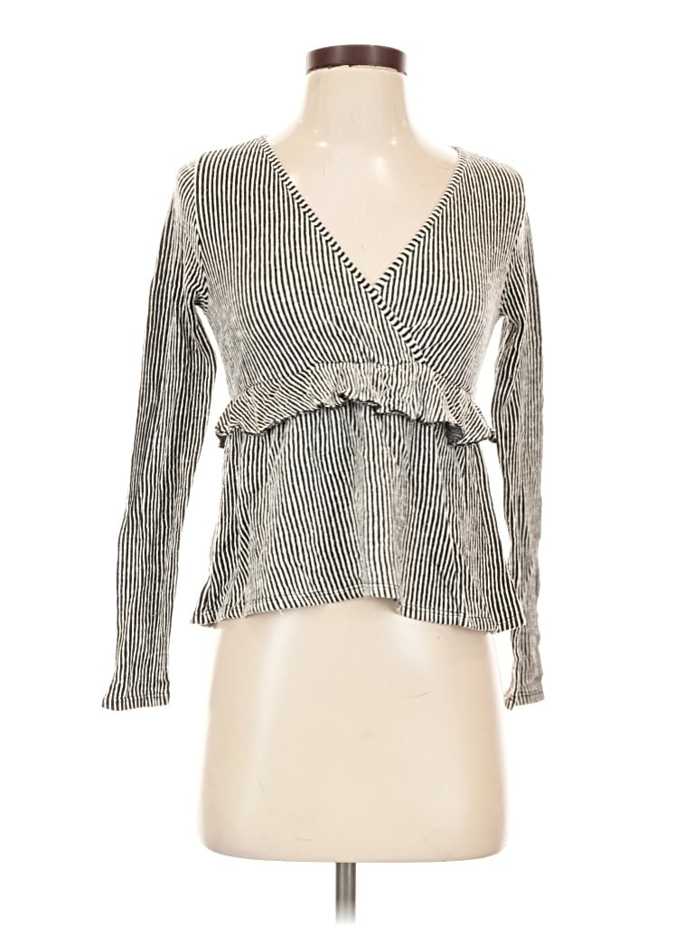 Pre-owned Caution To The Wind Long Sleeve Top Gray Plunge Neckline Tops