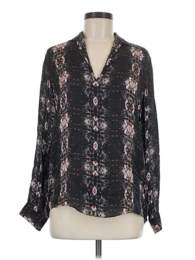 Pre-owned Theyskens' Theory Long Sleeve Silk Top Black Paisley Pattern Plunge Neckline Tops