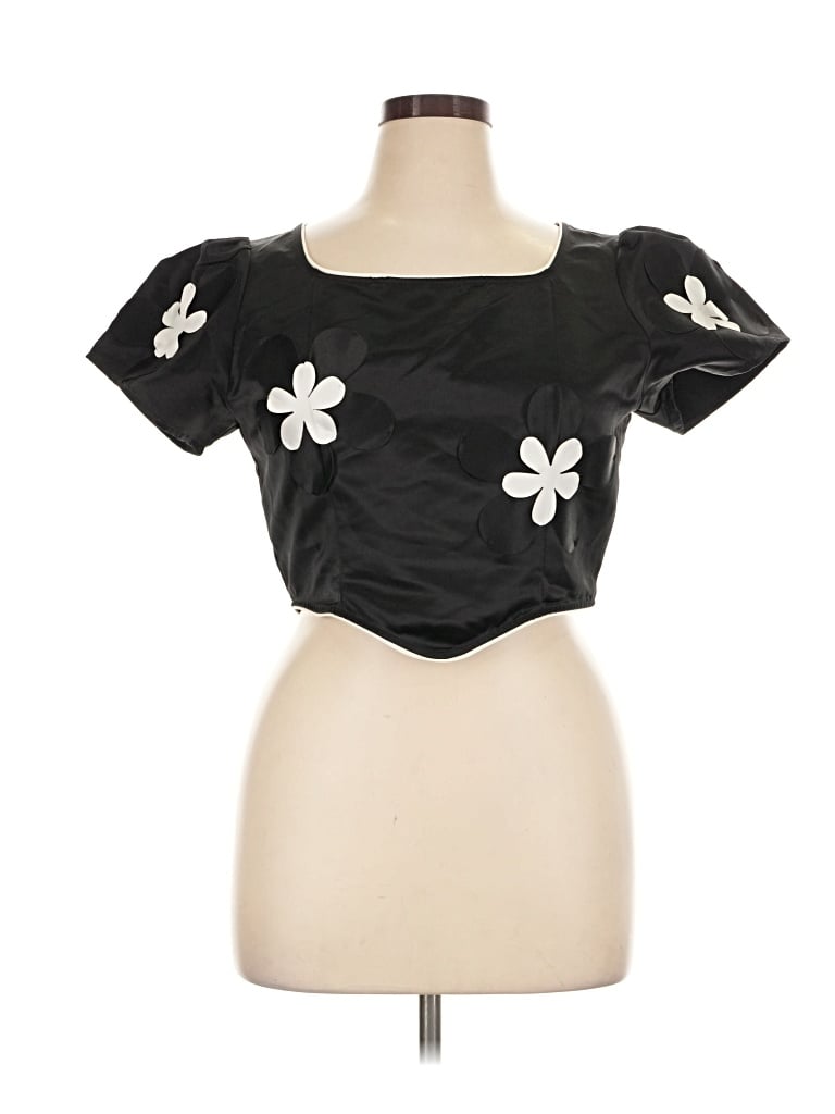 Pre-owned Batsheva Short Sleeve Top Black Floral Pattern Sweetheart Neckline Tops