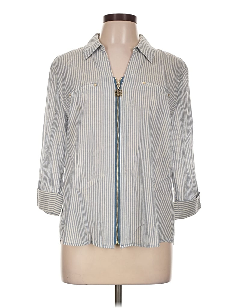 Pre-owned Anne Klein 3/4 Sleeve Button Down Shirt In Blue