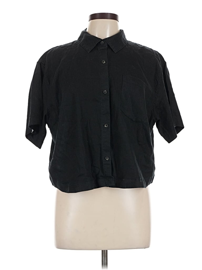 Pre-owned Athleta Short Sleeve Button Down Shirt In Black