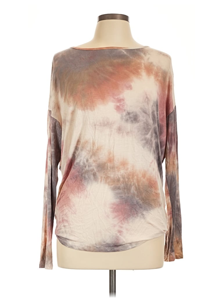 Pre-owned Savvi Long Sleeve Top Tan Tie-dye Pattern Boatneck Tops