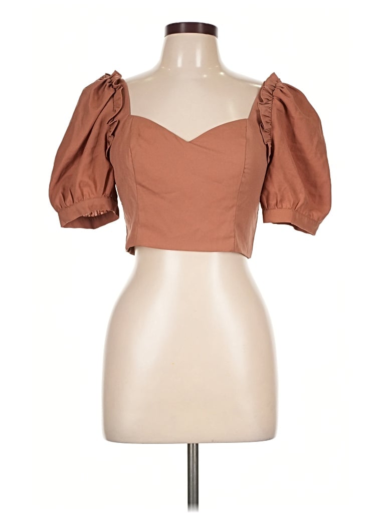 Pre-owned Privy Short Sleeve Top Brown Sweetheart Neckline Tops