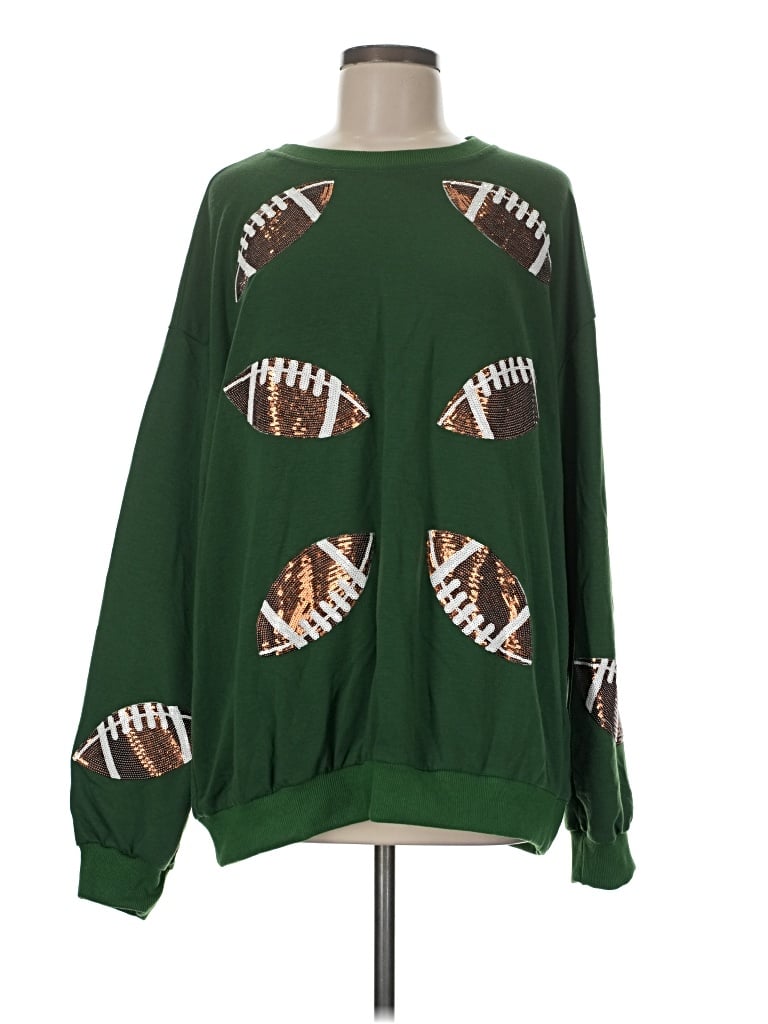 Pre-owned Top It Off Pullover Sweater Green Print Pattern Crew Neck Tops