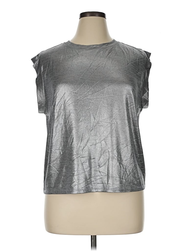 Pre-owned Porridge Short Sleeve Top Silver Metallic Pattern Mock Neckline Tops