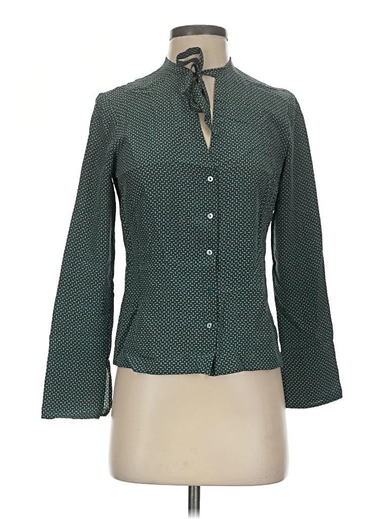 Pre-owned Max Studio Long Sleeve Silk Top Green Tweed Pattern Tie Neck Tops