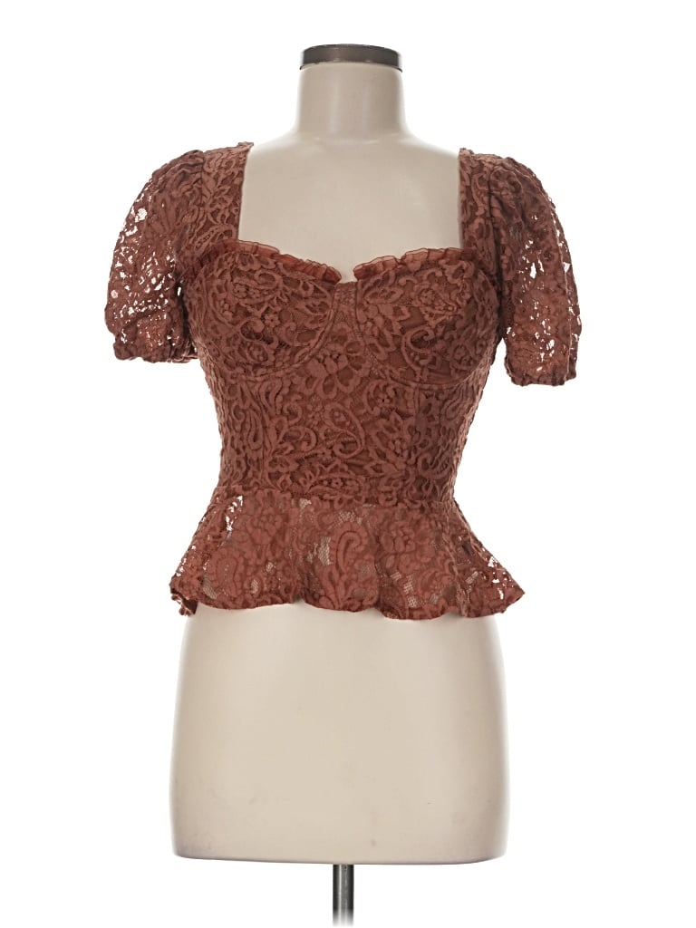 Pre-owned Haute Monde Short Sleeve Top Brown Sweetheart Neckline Tops