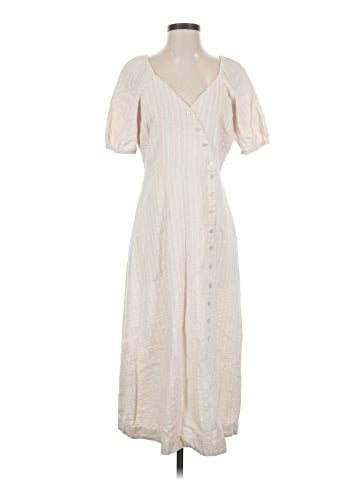 Madewell Puff-Sleeve Button-Wrap Midi Dress in Undyed Stripe (view 1)