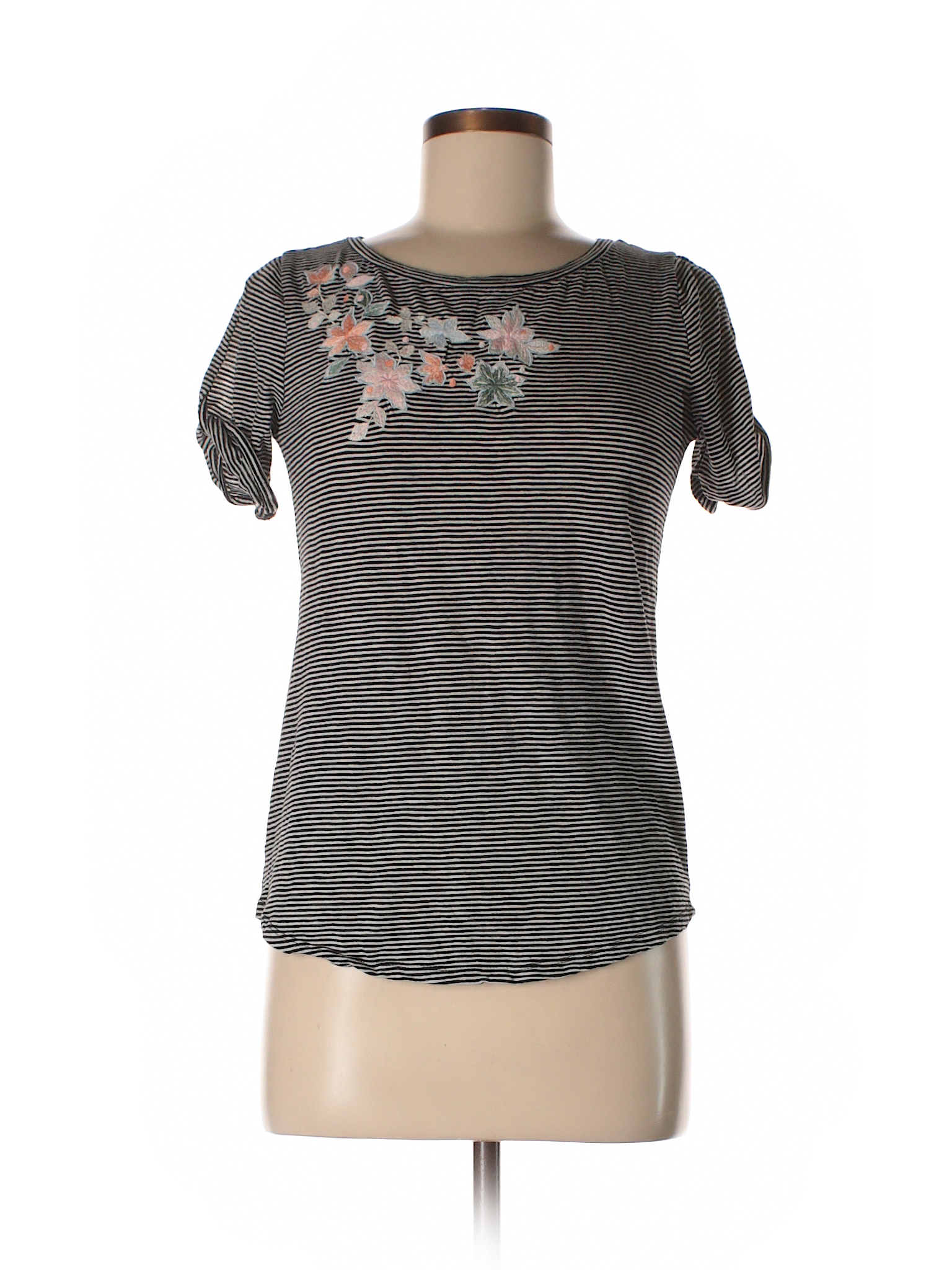 Ann Taylor LOFT 100% Cotton Floral Stripes Black Short Sleeve T-Shirt ...