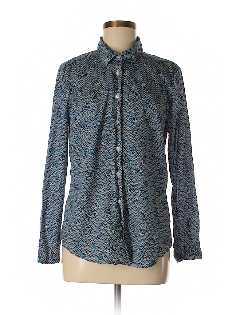 Liz Claiborne 100% Cotton Print Blue Long Sleeve Button-Down Shirt Size ...