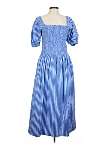Madewell Smocked Puff Sleeve Midi Dress in Stripe Poplin (view 1)