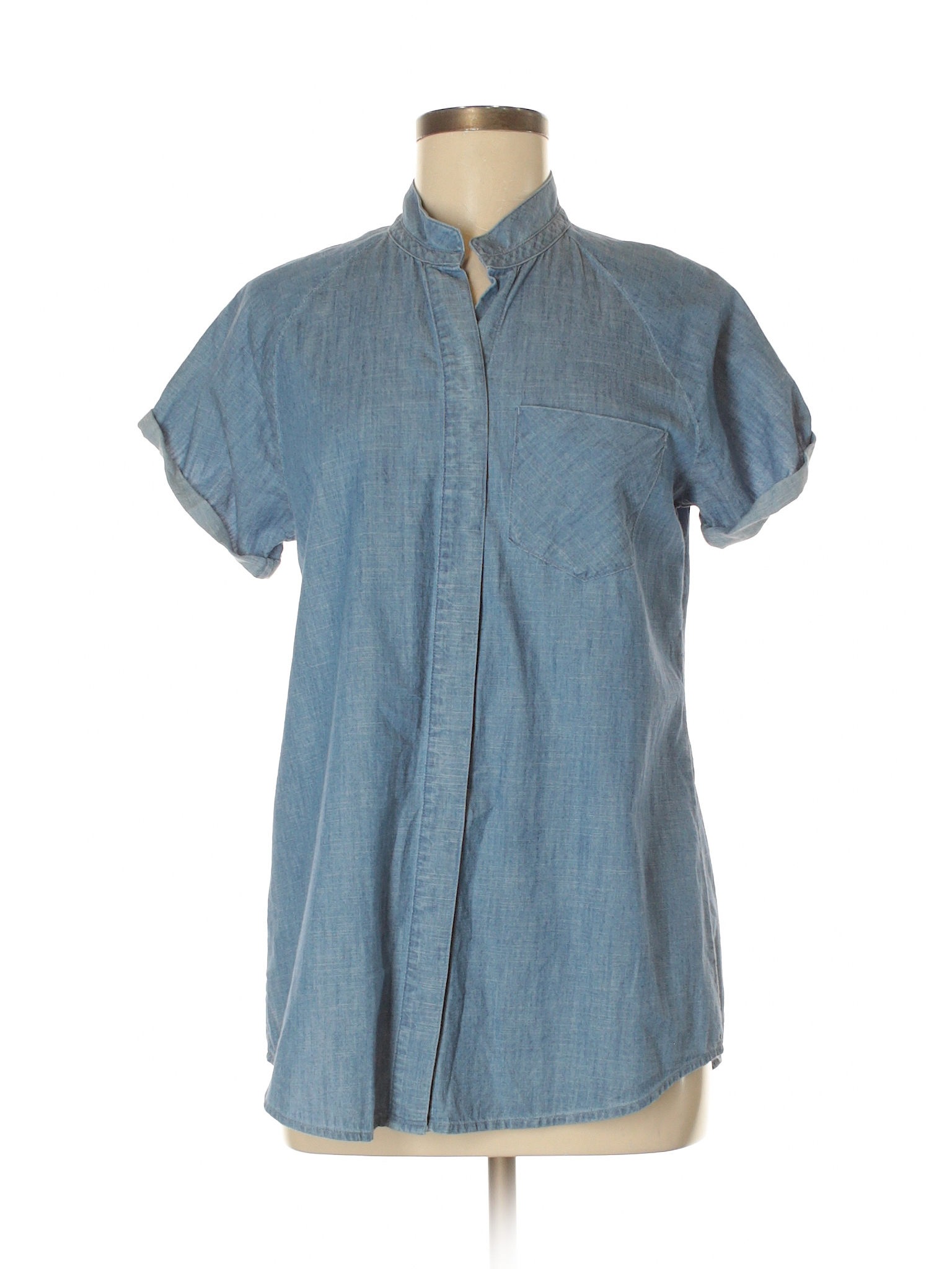 Eddie Bauer 100% Cotton Chambray Blue Short Sleeve Button-Down Shirt ...